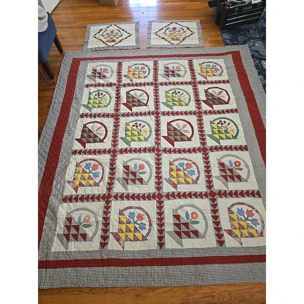 Vtg Grannycore Cottagecore Flower Basket Quilt Handmade Stiched 88